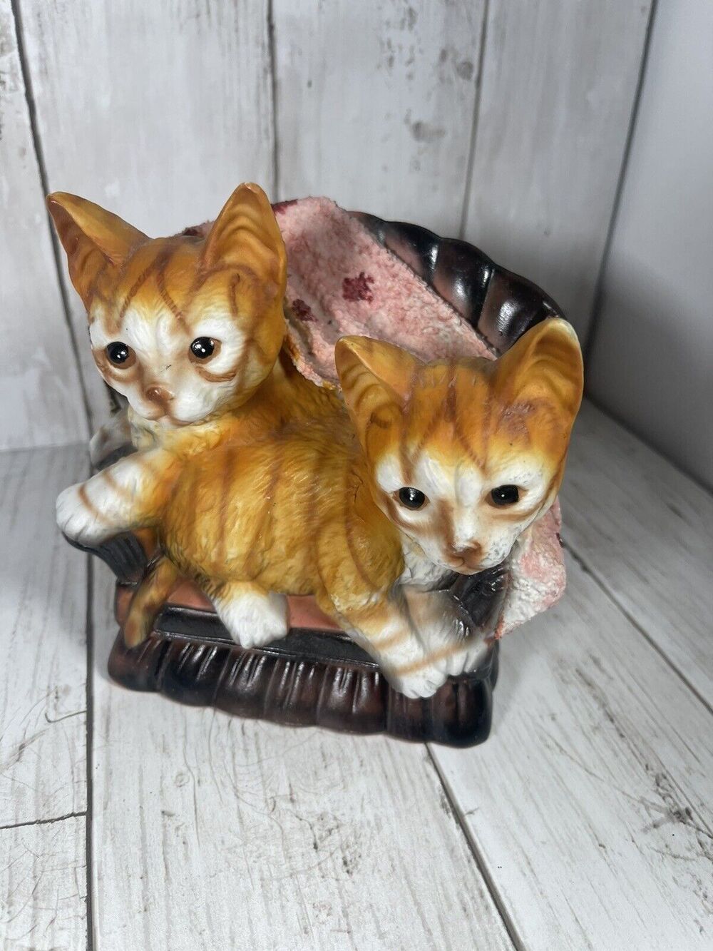 Vintage 2 Tiger Stripe Orange Kittens Sitting on Brown Couch Ceramic